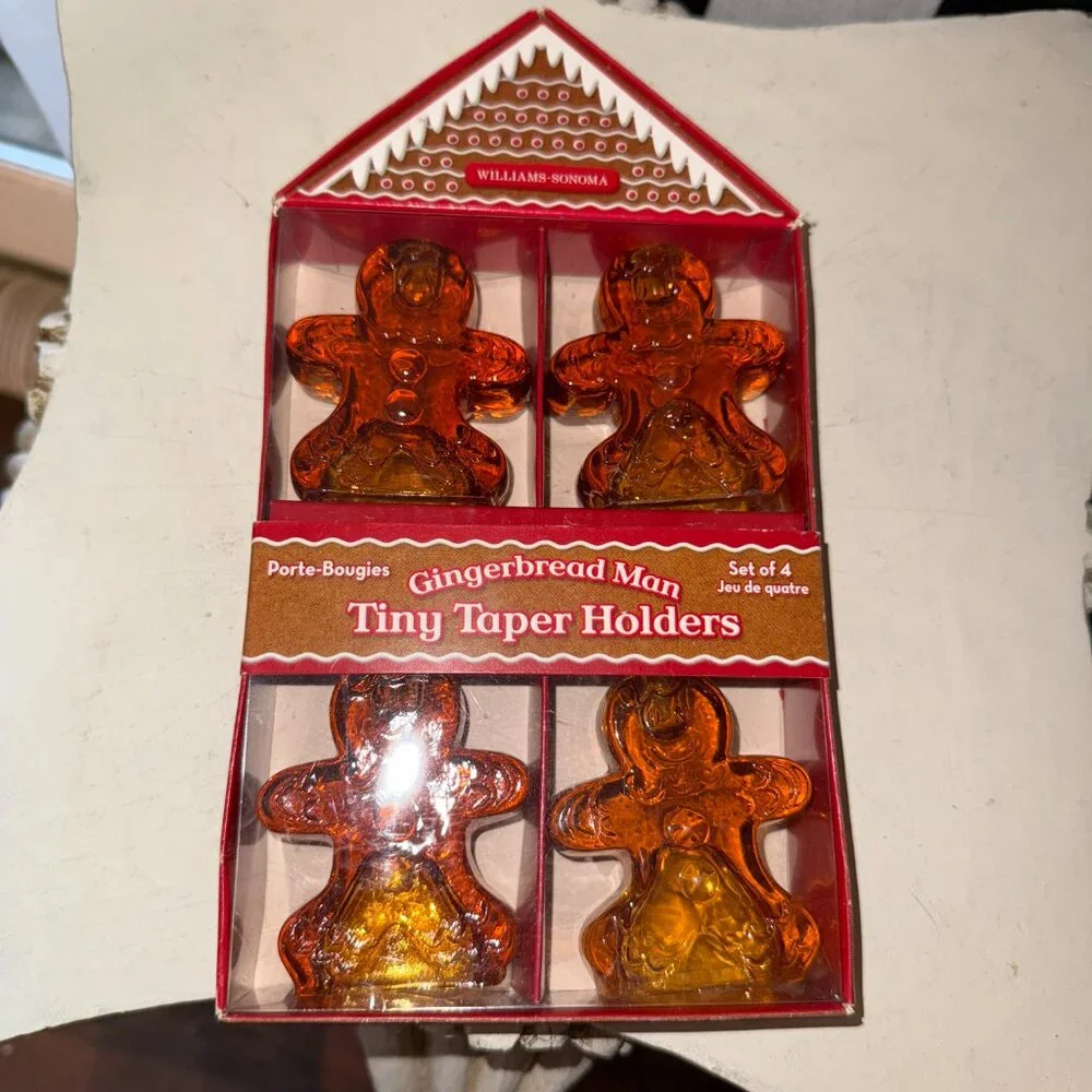 Williams-Sonoma GINGERBREAD MAN Tiny Taper Amber Glass Candleholder set of 4 NIB